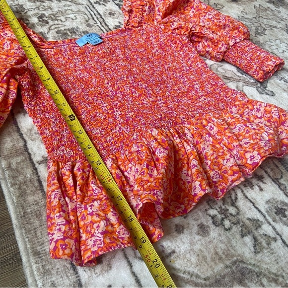 Cece Vibrant Orange Pink Floral Blouse Smocked Peplum Puff Sleeve Small - Picture 7 of 10